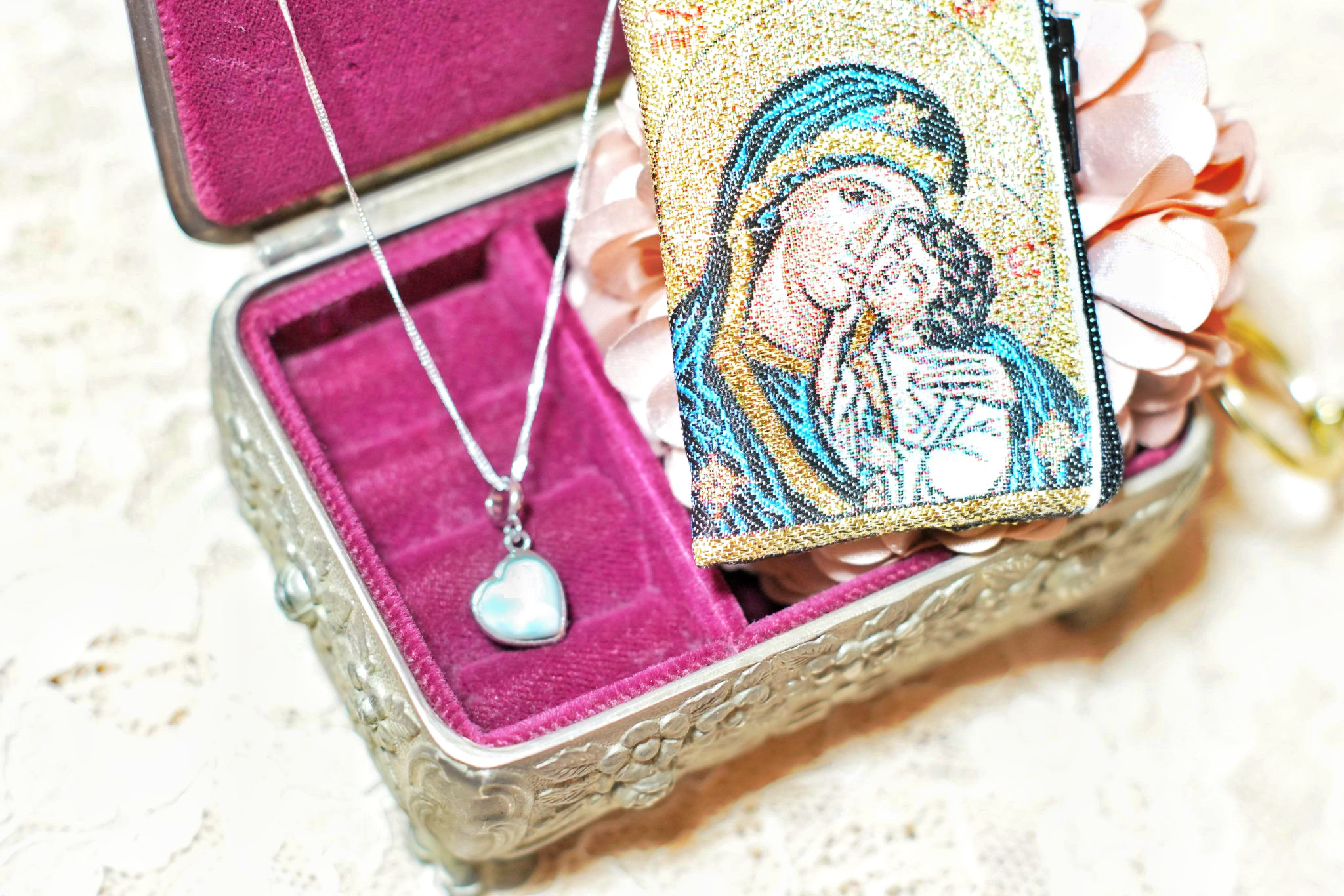 silver925★ラリマーのハートネックレスとマリア様のミニポーチのセット