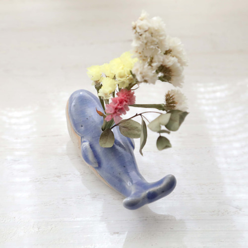 クジラの花挿しオブジェ 海のブルー ＊ ドライフラワー付き 1