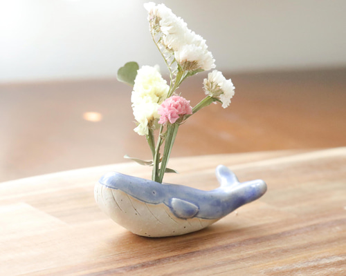 クジラの花挿しオブジェ 海のブルー ＊ ドライフラワー付き 1