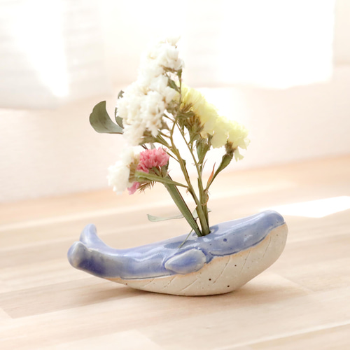 クジラの花挿しオブジェ 海のブルー ＊ ドライフラワー付き 1