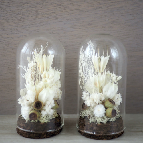 プリザーブドフラワー❀お供え花・仏花・ガラスドーム入り・1対・（中） 仏花」ことね菊のガラスドーム プリザーブドフラワー＜受注制作