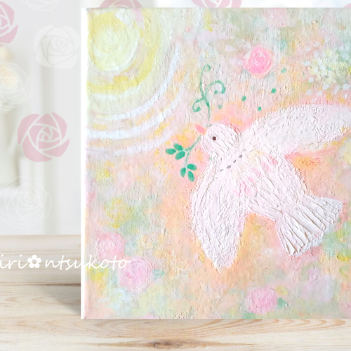 アクリル画 花と白い鳩のモチーフ アクリル画 花と白い鳩のモチーフ