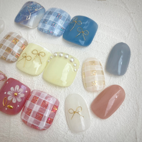 ネイルチップ 現品 オーダー かわいい 春 夏 ギンガムチェック チューリップ 選べるcolor♪ギンガムチェックネイル♡ ネイルチップ（つけ爪