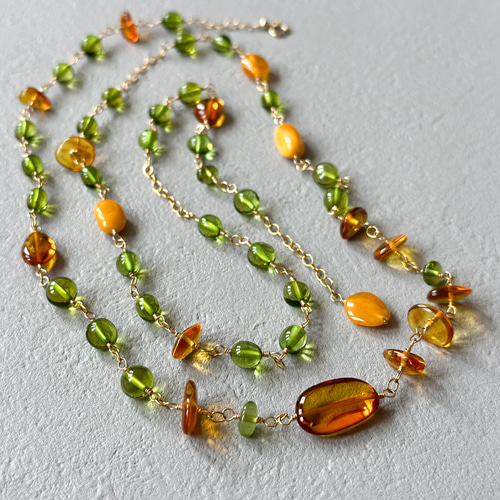 14kgf*軽やかアンバー（天然琥珀）のロングネックレス*アジャスター  