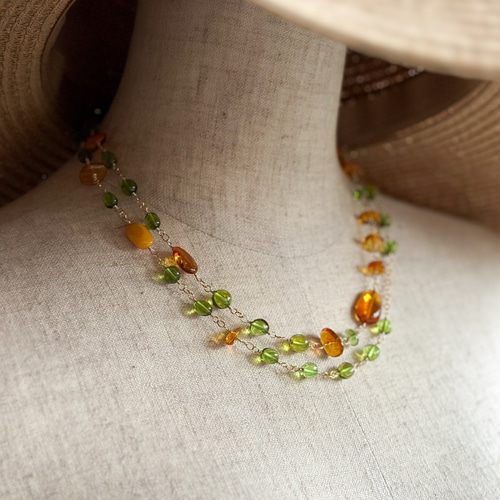 14kgf*軽やかアンバー（天然琥珀）のロングネックレス*アジャスター  