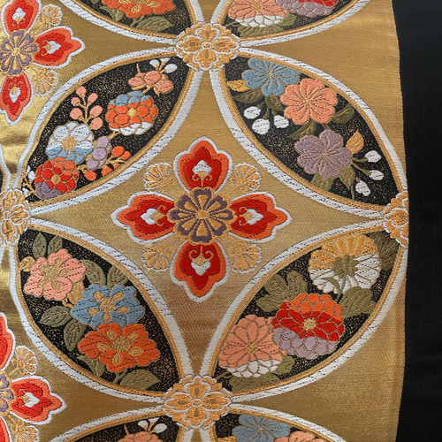 帯リメイク【クッションカバー1枚】45×45cm 花七宝 金黒
