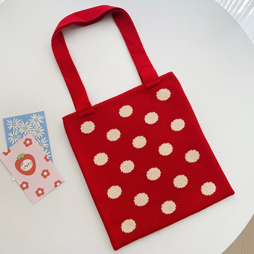 ワンショルニットトップス、トートバッグセット ニット赤白水玉ワンショルダー大容量カジュアルバッグ/トートバッグ