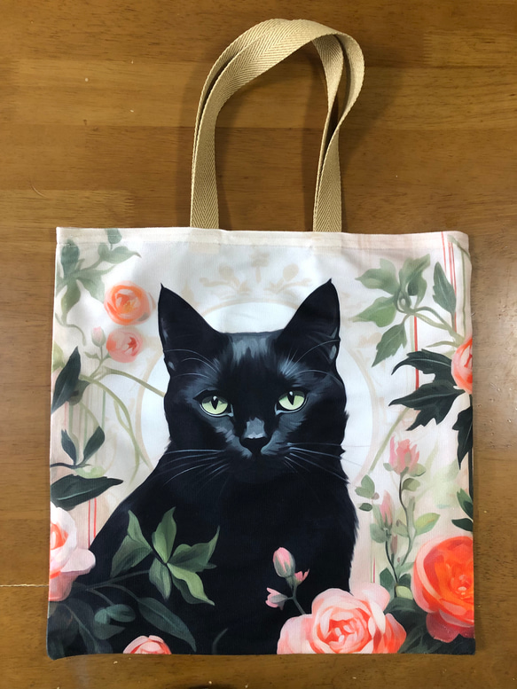 猫柄 ハンドメイド ぺたんこBigトートバッグ 黒ネコ トートバッグ 