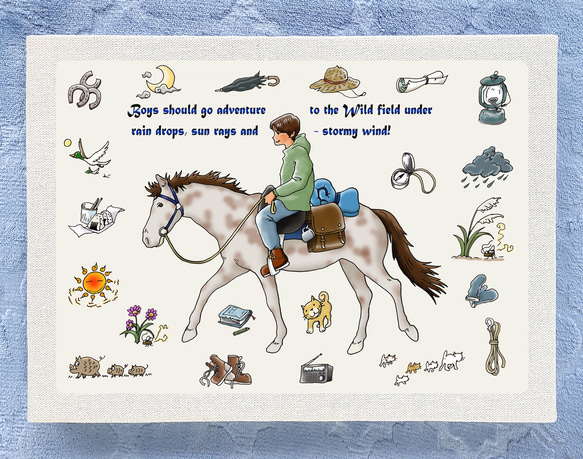 馬車と騎士の木製アートパネル アートパネル 馬旅ボーイ 33cmx24cm 馬 少年 旅 イラスト 乗馬