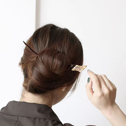 ハンドメイド かんざし 手作り 饕餮 木簪 紫檀 鹿の角