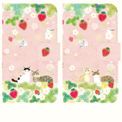 ハンドメイド本牛革スマホケース（いちご柄ピンク）