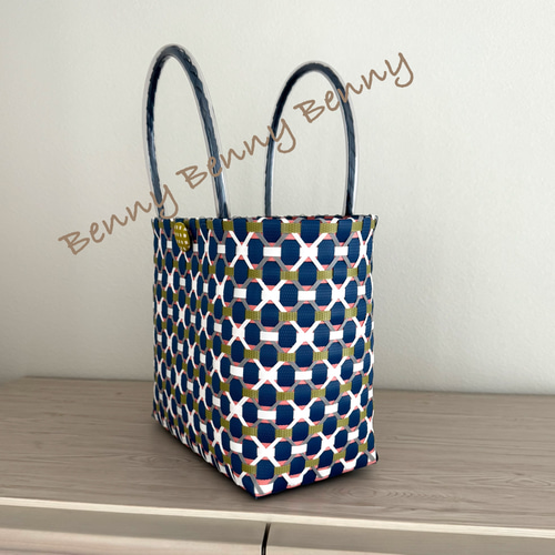 プラカゴ　エコバック プラカゴ ミニサイズ ネイビーx白 バスケット エコバッグ PPバンド