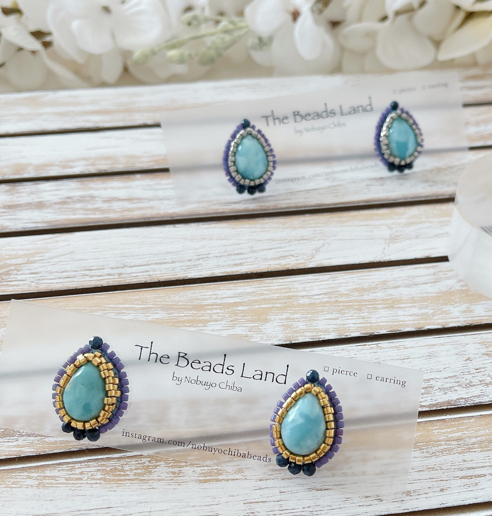 ラリマーとサファイアの刺繍ピアス