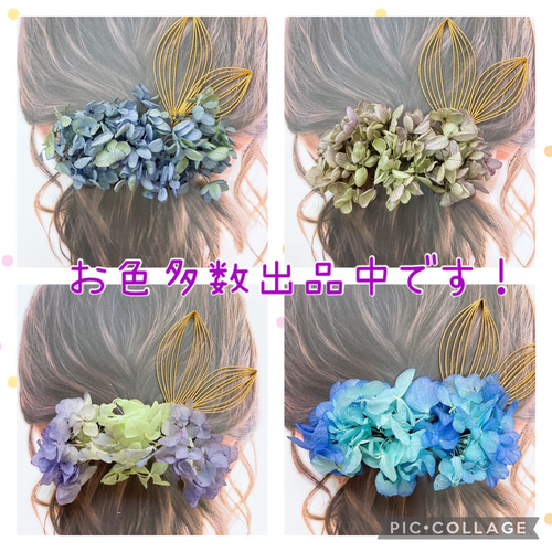 浴衣にピッタリ ドライフラワーあじさい 紫黄緑グラデーション 葉っぱ 