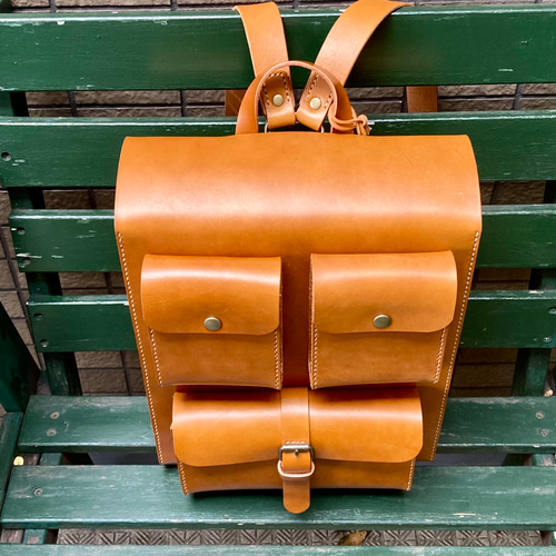 ヌメ革 スマートフラップリュック 箱型ポケット3 手縫い ☆送料無料