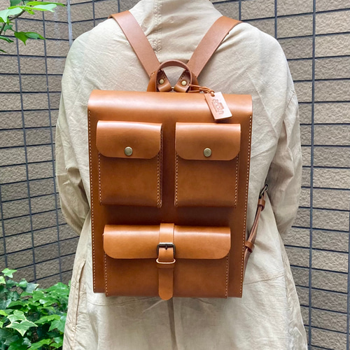 ヌメ革 スマートフラップリュック 箱型ポケット3 手縫い ☆送料無料