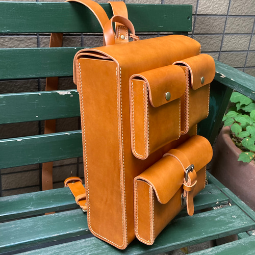 ヌメ革 スマートフラップリュック 箱型ポケット3 手縫い ☆送料無料