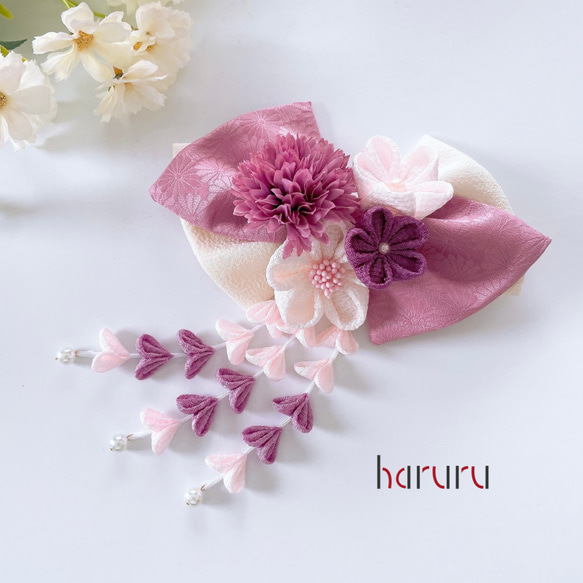 つまみ細工の髪飾り【ピンク×アイボリーリボンとピンク系 さがり