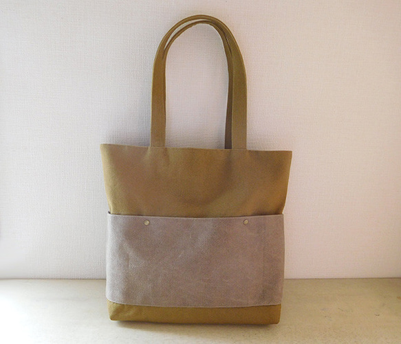 ヴィンテージ帆布 トートバッグ 黄土色+スモーキーベージュ 1枚目の画像