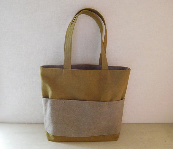 ヴィンテージ帆布 トートバッグ 黄土色+スモーキーベージュ 2枚目の画像