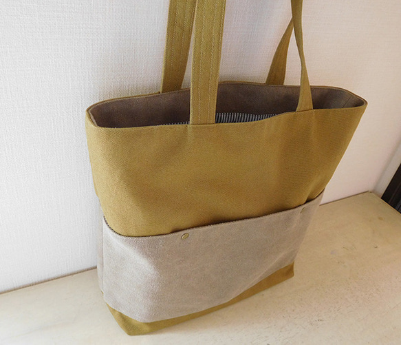 ヴィンテージ帆布 トートバッグ 黄土色+スモーキーベージュ 3枚目の画像