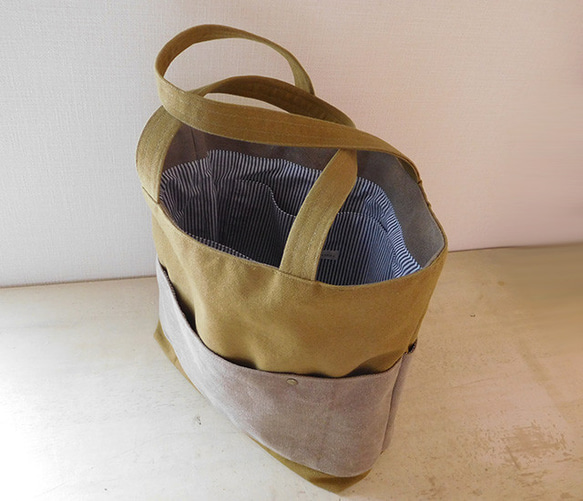 ヴィンテージ帆布 トートバッグ 黄土色+スモーキーベージュ 7枚目の画像