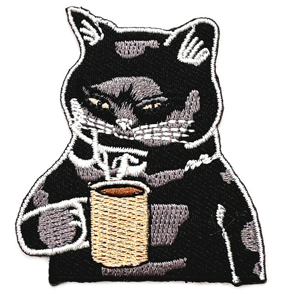 コーヒーを飲む黒猫 ワッペン 刺繍アップリケ 1枚【リメイク 手芸材料