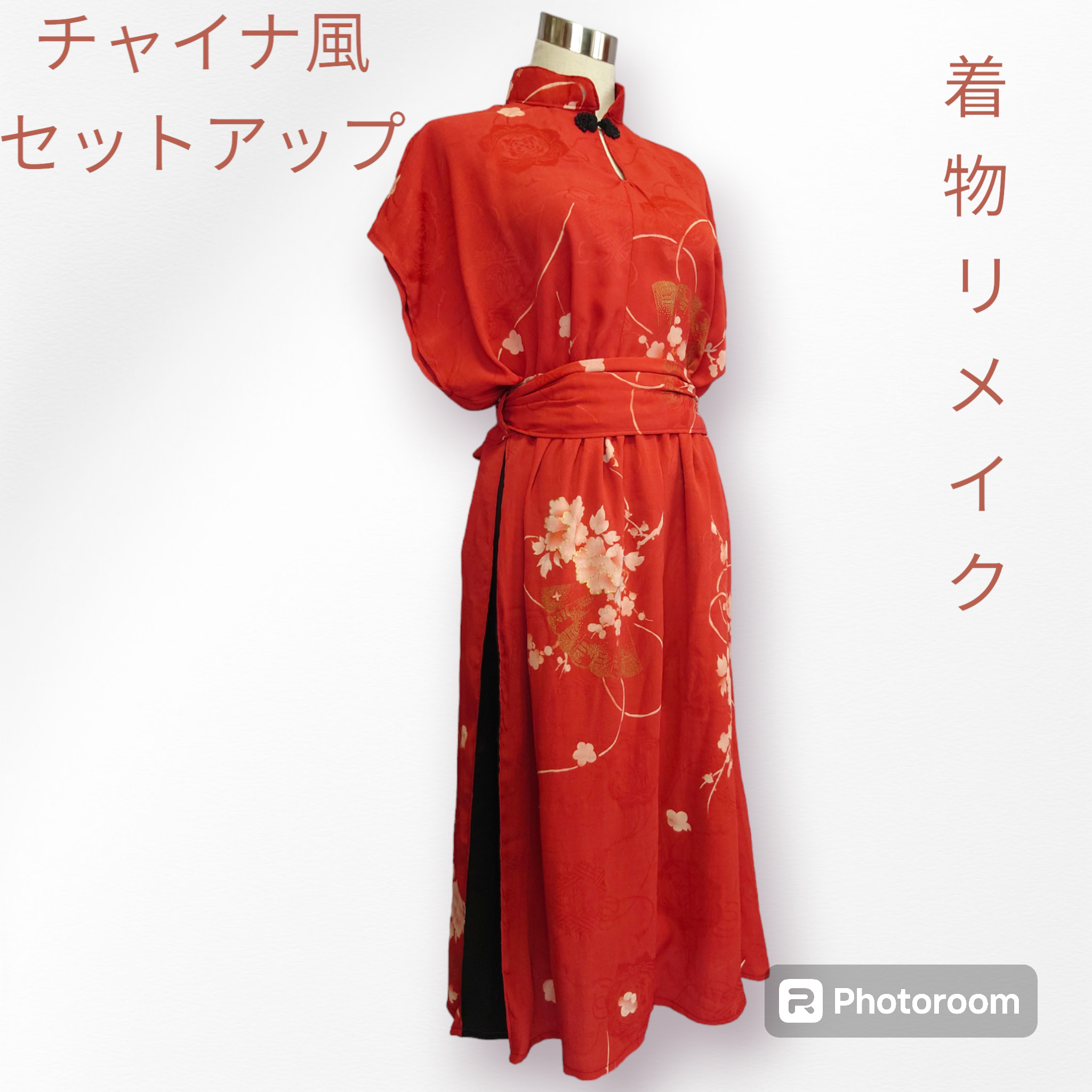 正絹縮緬　小花柄　着物リメイクチュニック／ブラウス　スカートセット