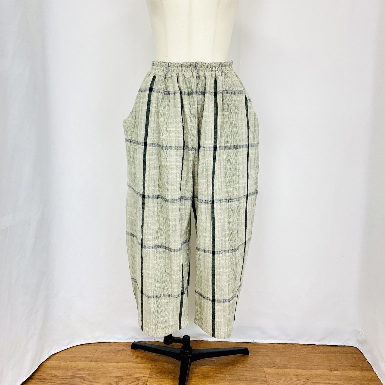 【遠州織物】ストレスフリーパンツ 絣格子 チェック  薄グリーン ウエスト130まで オーガニックコットン ミセス