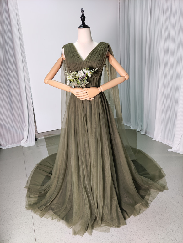 【未使用】オリーブグリーン ストライプ ノースリーブ ドレス オーロラオーガンジーオリーブグリーンフレアドレス