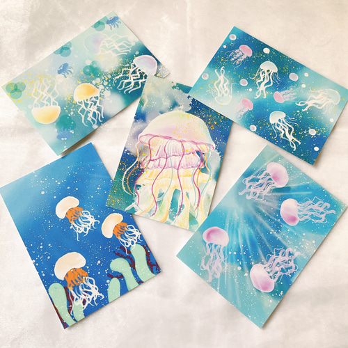 クラゲ 5枚セット ポストカード ハガキ イラスト かわいい 夏