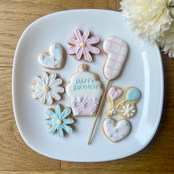 【ピンク×ブルー】チェックと風船とお花のバースデーアイシングクッキーセット8点 1枚目の画像