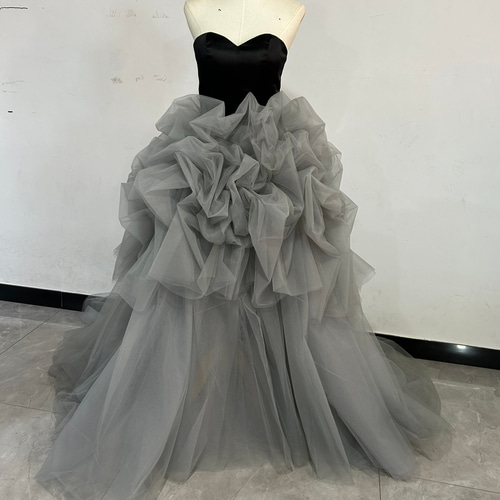 パーティードレス デザイン感 ベアトップ ブルーグレー ベアトップ  