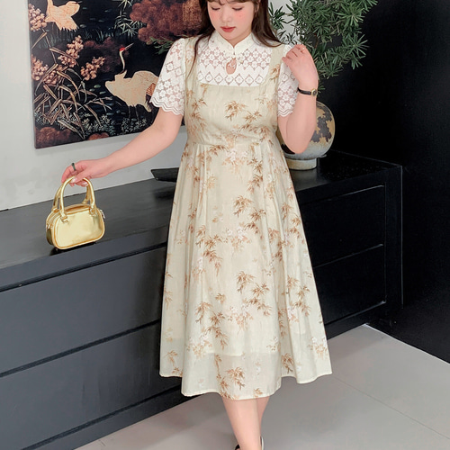 春夏新作 XL~4XL レース小スタンドカラーロングワンピース 春夏新作 XL~4XL レース小スタンドカラーロングワンピース