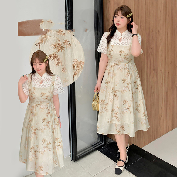 春夏新作 XL~4XL レース小スタンドカラーロングワンピース 春夏新作 XL~4XL レース小スタンドカラーロングワンピース