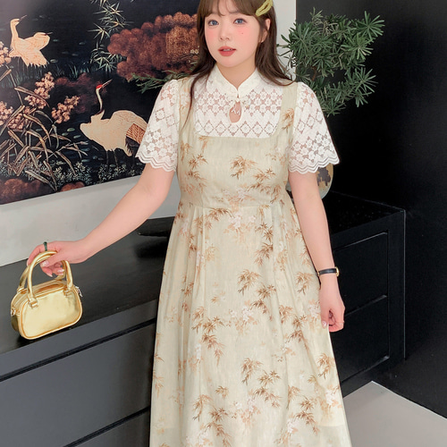春夏新作 XL~4XL レース小スタンドカラーロングワンピース