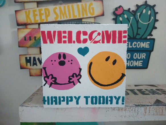 長ブロックインテリアお庭ににこちゃんピーコックブルーWELCOME