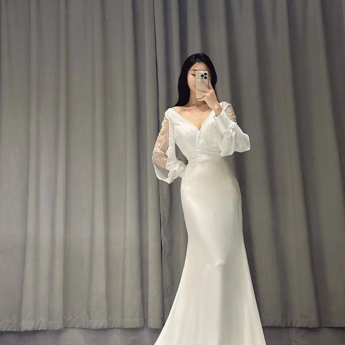 エレガント 高級サテン マーメイドドレス 深めvネック くるみボタン