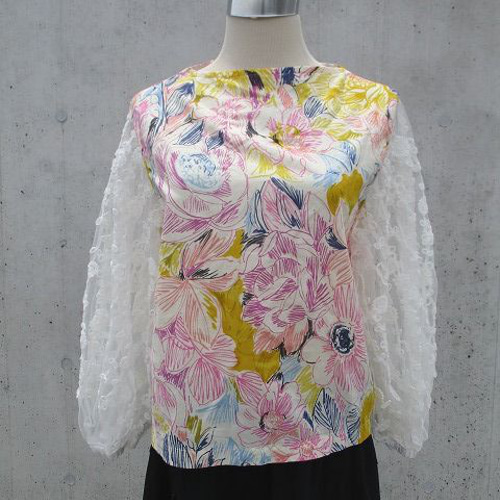 リングチュール総刺繍ブラウス チュール刺繍フリルネック6分袖ブラウス（シャツ/ブラウス