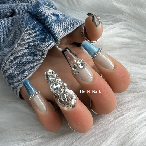 【オーダー】ネイルチップ　フレンチ　ブルー　マグネット　リボン オーダー】ネイルチップ フレンチ ブルー マグネット リボン