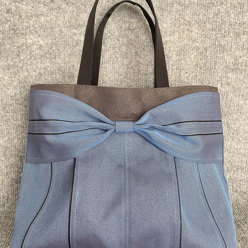 現品限り♡倉敷畳縁シンプル大きめA4リボントート(モノクロバイアス×ブラック) - トートバッグ