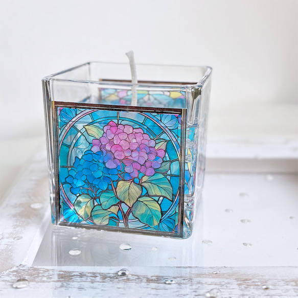 ステンドグラス キャンドルホルダー 紫陽花 花 あじさい青 ブルー 瑠璃色 綺麗 大正ロマン♪ステンドグラスみたいなアロマキャンドル［紫陽花を