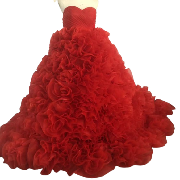 豪華！ カラードレス 赤 ベアトップ オーガンジー ボリュームドレス  