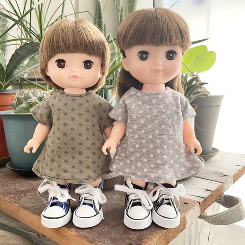 レミンソランちゃん くすみカラー ワンピース 水玉 服 ハンドメイド