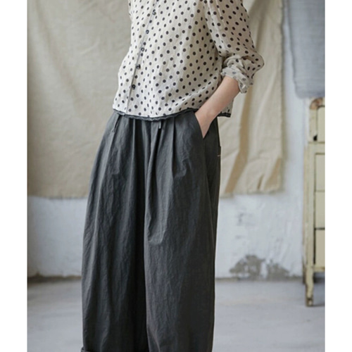 水玉 リネン100% シャツ 】ステッチ 麻 ドット柄 ノーカラー T