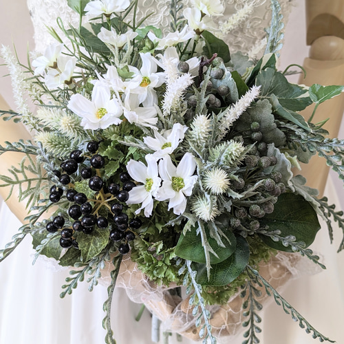 ウエディングブーケ(シルバーグリーン)ブートニア込み 世界で1つ貴女