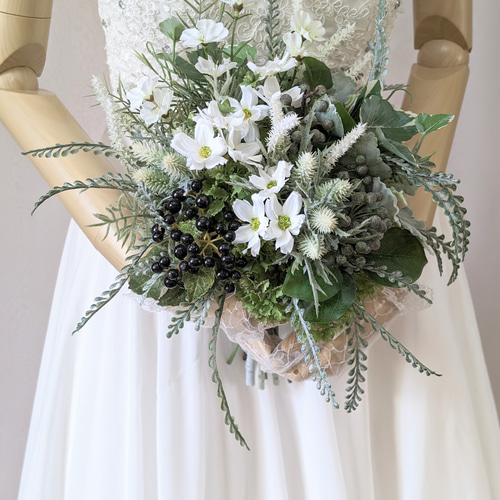 ウェディングブーケ＆ブートニア ウエディングブーケ(シルバーグリーン)ブートニア込み 世界で1つ貴女