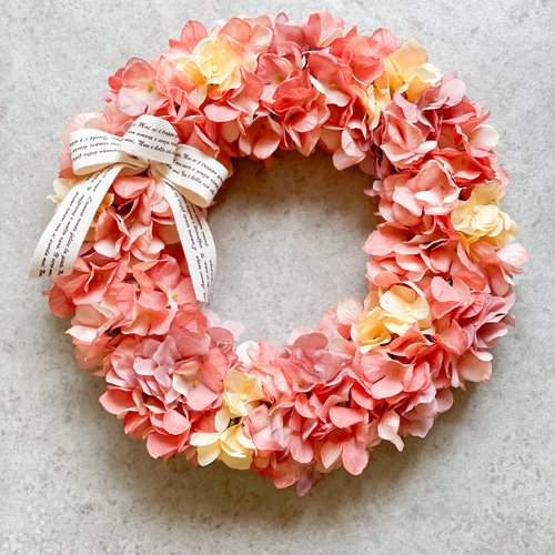 紫陽花のふんわりリース アジサイ あじさい サーモンピンク ドアリース  