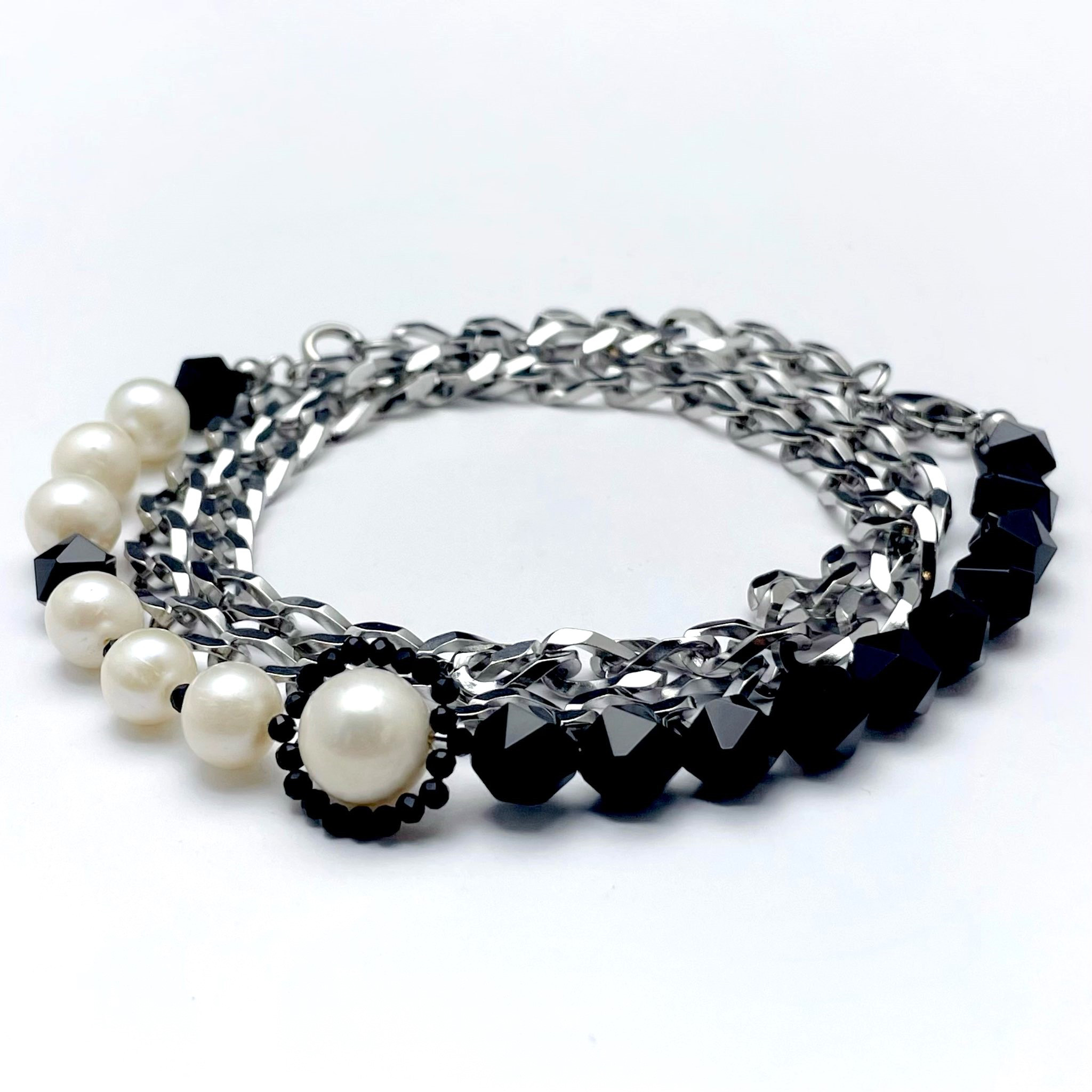 つけ方色々!! カットオニキス&淡水パール&チェーンブレスレット  ネックレス 5WAY