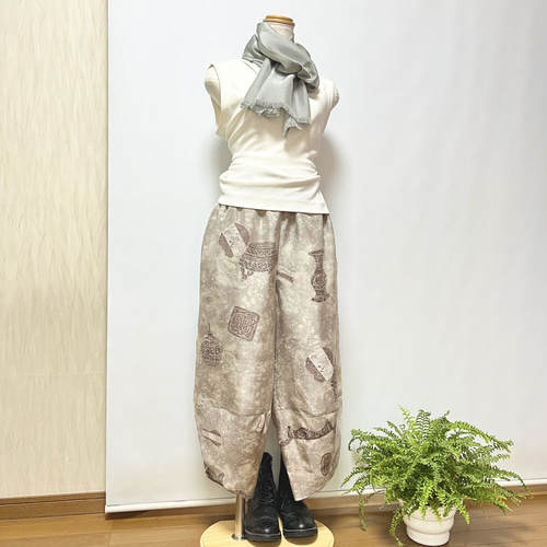 薄絹*唐壺柄サルエルパンツ+ストール*綿混裏地付き*着物 薄絹*唐壺柄サルエルパンツ+ストール*綿混裏地付き*着物